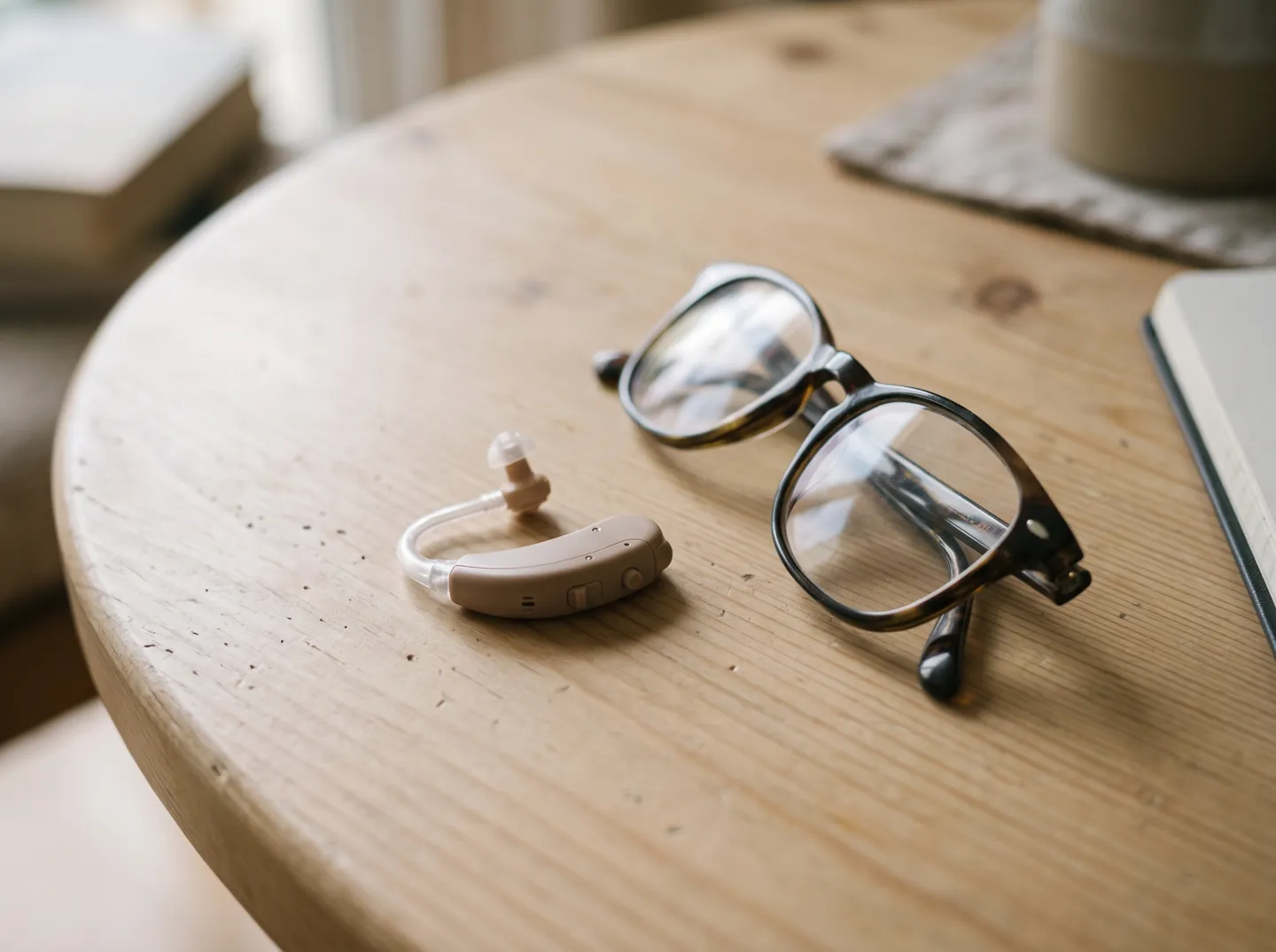 A small behind-the-ear hearing aid resting on a wooden table beside a pair of glasses