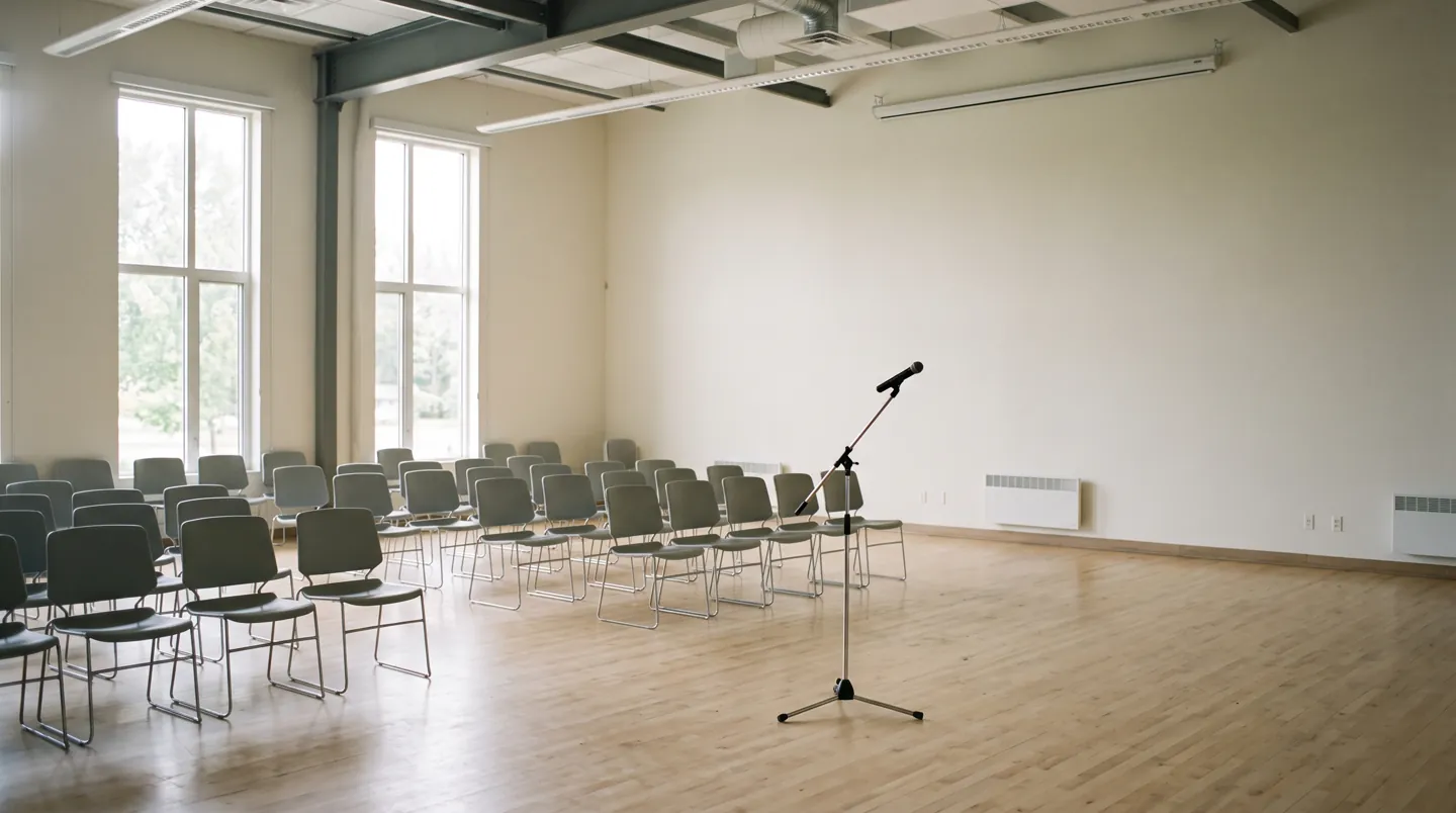 A plain community hall set out with rows of chairs facing a microphone on a stand, with daylight from tall windows